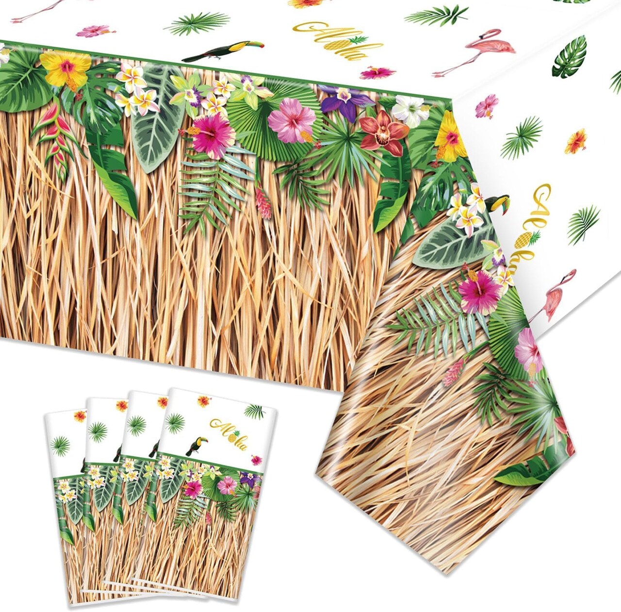 4 Pack Hawaiian Luau Grass Tablecloths, Hawaii Luau Table Skirt Party Decorations
